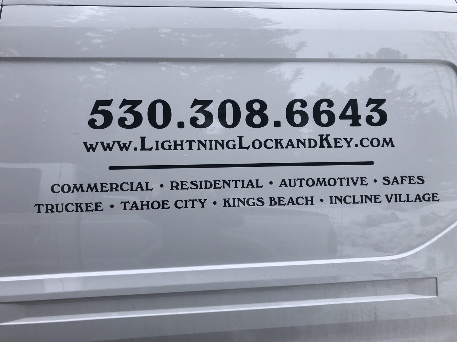 Lightning Lock and Key service van with phone number 530-308-6643 and service list